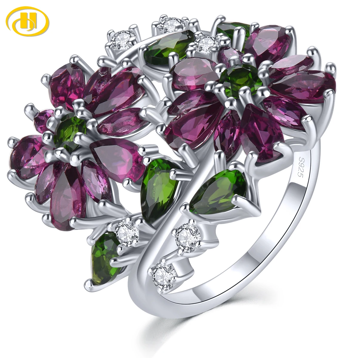 

Natural Rhodolite Garnet Diopside Solid Sterling Silver Rings 4.8 Carats Genuine Multicolor Gemstone Romantic Exquisite Gifts