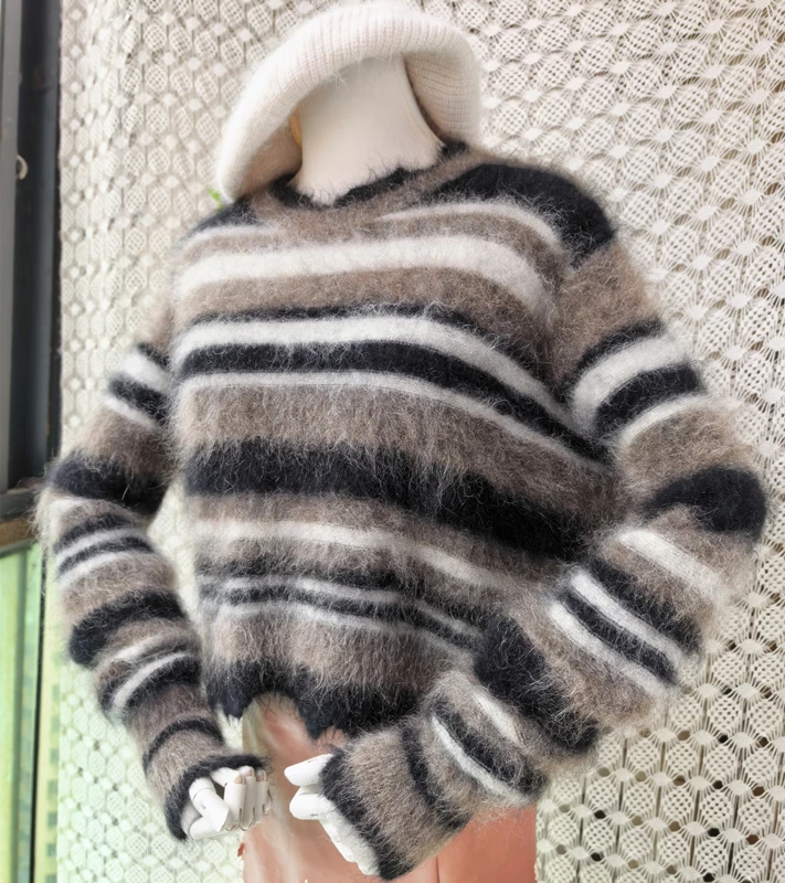 

2026 Fuzzy Mohair Wool Striped Sweater Women Crop Top Round Neck Long Sleeve Knitted Pullover Casual Loose Fluffy Jumper Pull