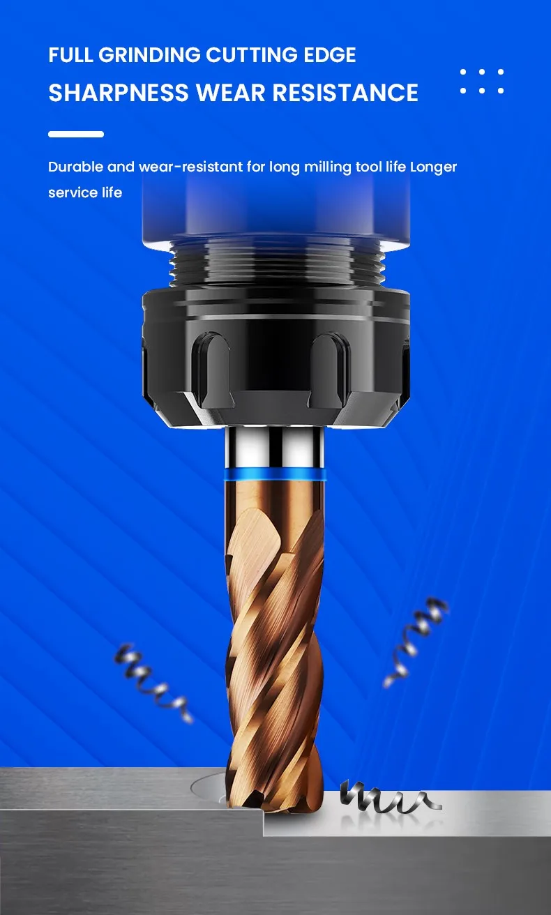 AZZKOR 4F Schaftfräser mit Farbringbeschichtung, Wolframstahl-Hartmetall-Rundfräser für CNC-Maschinen, TGB-HRC65 Bronze – Detail 9