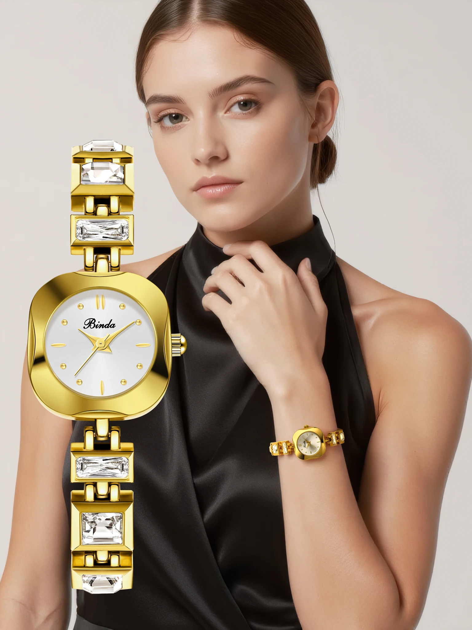 Jam Tangan Kuarsa Wanita Gelang Kristal Binda Square, Modis dan Serbaguna, Hadiah Ulang Tahun atau Hari Jadi yang Ideal