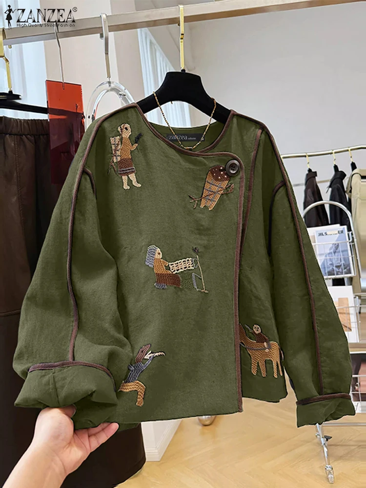 ZANZEA 女性ラップシャツカジュアル O ネック長袖漫画印刷コントラストパイピングカーディガントップス秋の女性の服 S-3XL