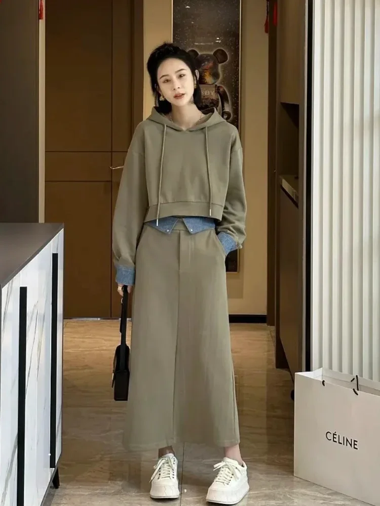 2 Piece Set Skirt and Top 2023 Autumn Korean Fashion Solid Hooded Sweatshirt Casual Skirt Sets New Matching Sets Womens Clothing