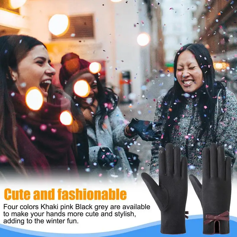 ผู้หญิงหน้าจอสัมผัสถุงมือสตรีฤดูหนาว WARM ถุงมือ Windproof Soft WARM COZY กีฬาฤดูหนาว Texting ถุงมือ Bow Cuff สําหรับบุรุษ