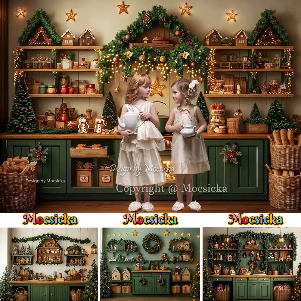 Mocsicka Weihnachten Küche Hintergrund Fotografie Lebkuchenhaus Retro Grüne Schränke Kranz Hintergrund Winter Kind Familie Foto