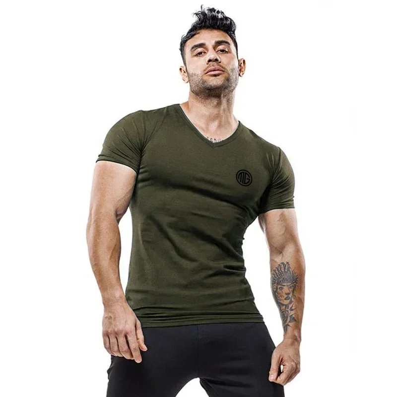 Summer Men Clothing Casual V-neck Shirt Short Sleeve Breathable Cotton T-shirt Male Gym Bodybuilding Muscle Workout Tees Tops