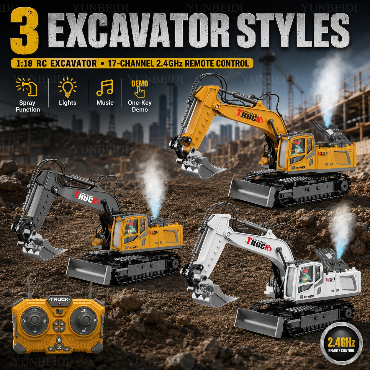 1:18 Alloy Spray RC Excavator Truck 2.4G_Hz 17CH Engineering Vehicle Audio Lights 680° Rotating Car Kid's Toy Boy Birthday Gifts