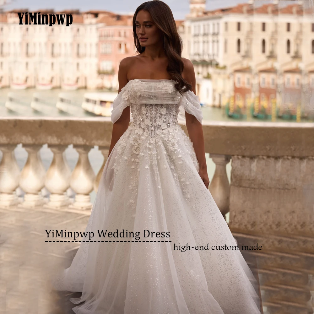 Błyszcząca suknia ślubna bez ramiączek, koronkowe aplikacje, linia A, suknie ślubne z odkrytymi ramionami, tren zamiatający, szyta na miarę 2025 Vestido De Noival