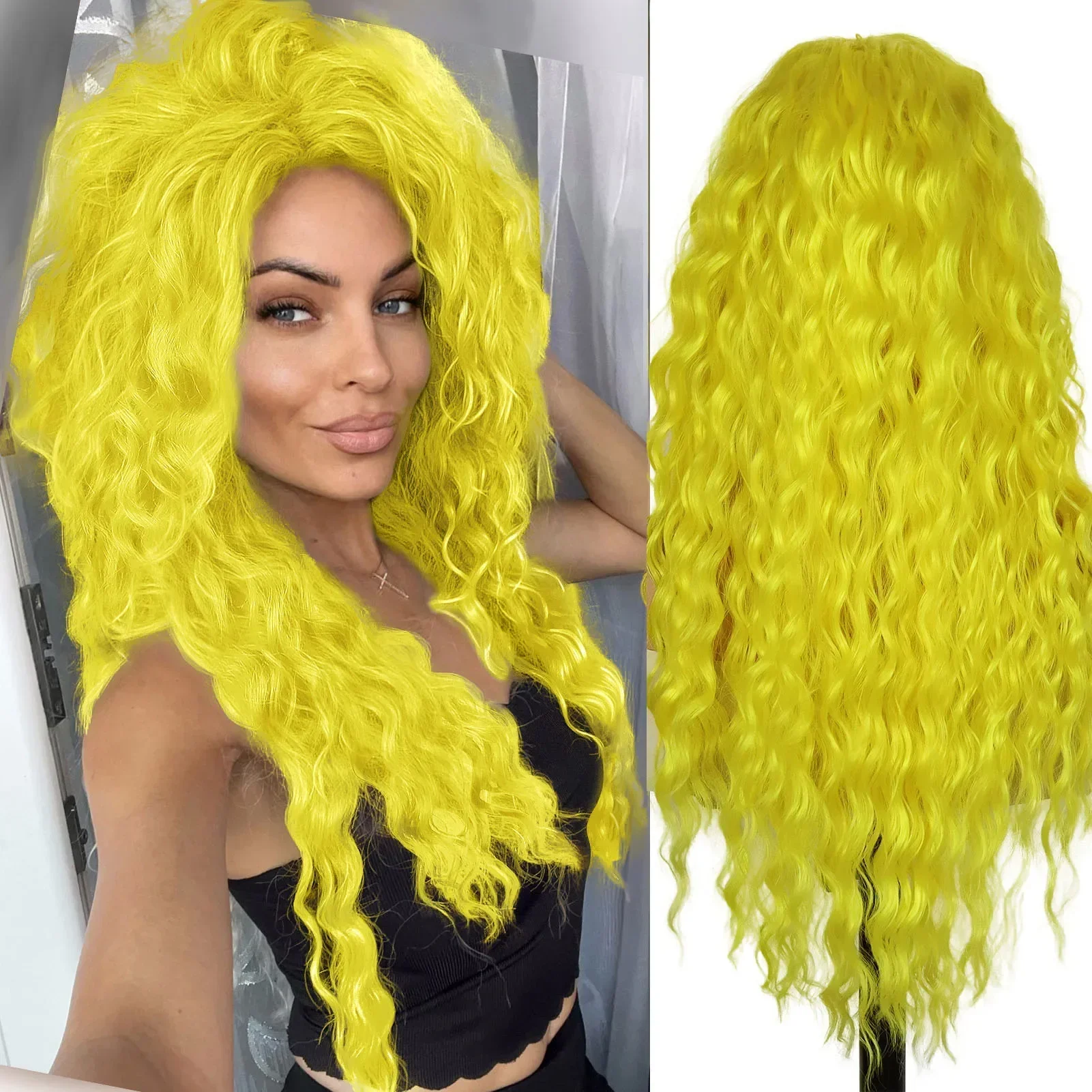 

GNIMEGIL Synthetic 28" Yellow Wigs Cosplay Long Curly Wavy Hair Replacement Carnival Party Halloween Costume Wig Big Thich Roots