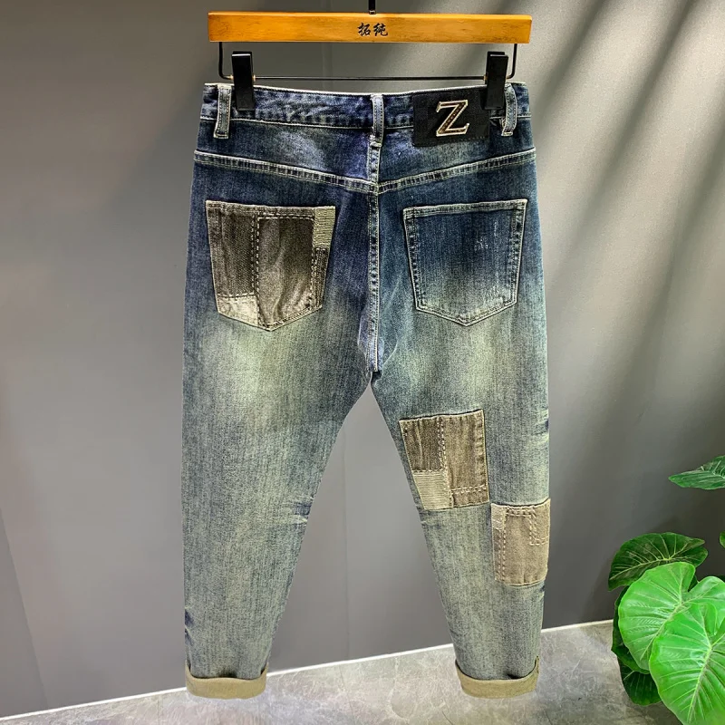Spring and Autumn Retro Trendy Brand Splicing Patch Motorcycle Jeans Men's Slim fit Small Straight Tube Show off Thin Pants