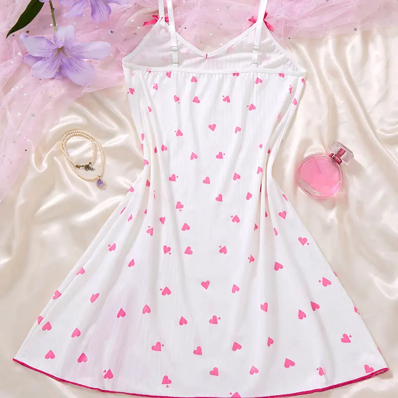 

Sexi Kostüm Kadın Women Night Gown Lace Trim Camisole Bow & Heart Print Sleeveless Dress Elegant Night Wear For Ladies New Hot