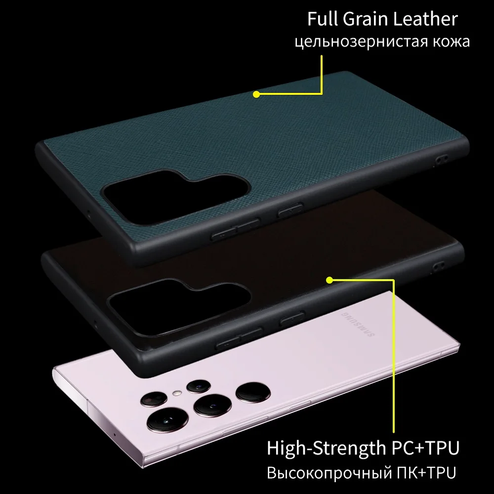 Hand Made Genuine Leather Cases For Samsung Galaxy S23 S23Plus S23 Ultra 5G Luxury Cowhide Cover Shockproof Protect Camera Lens