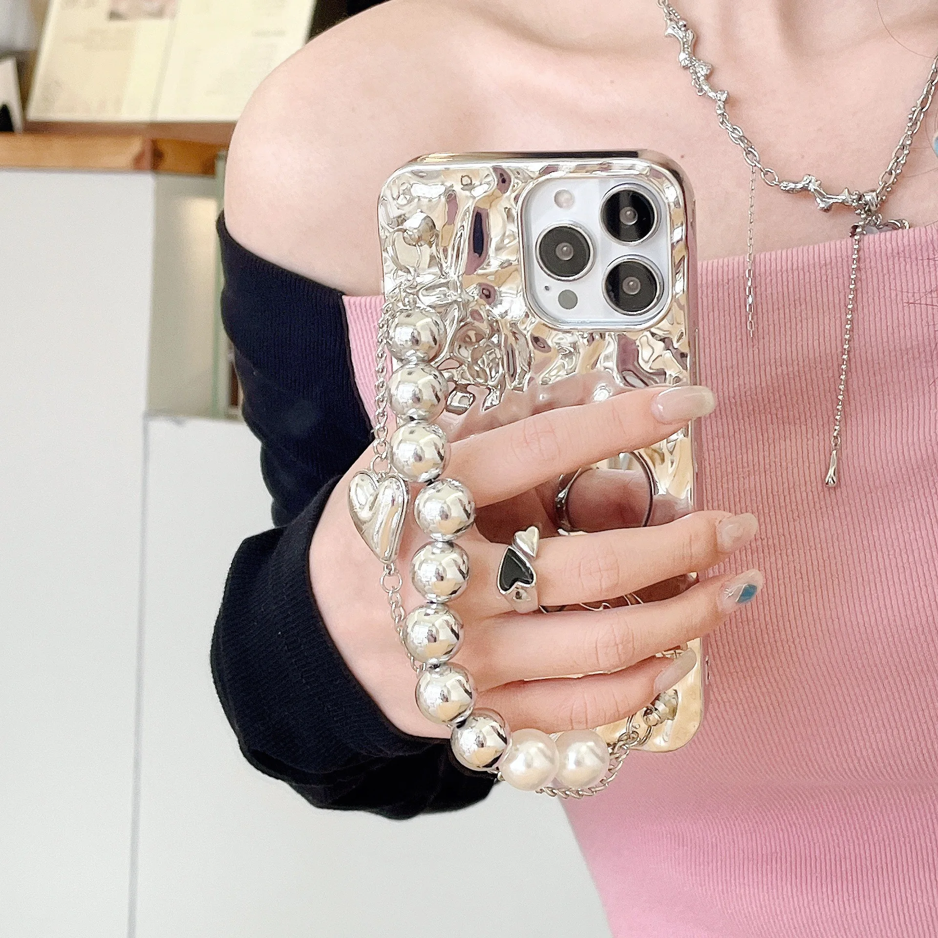 

Advanced silver plated heart-shaped case suitable for Apple 16 phone case, suitable for iPhone 15 Promax Korean phone case