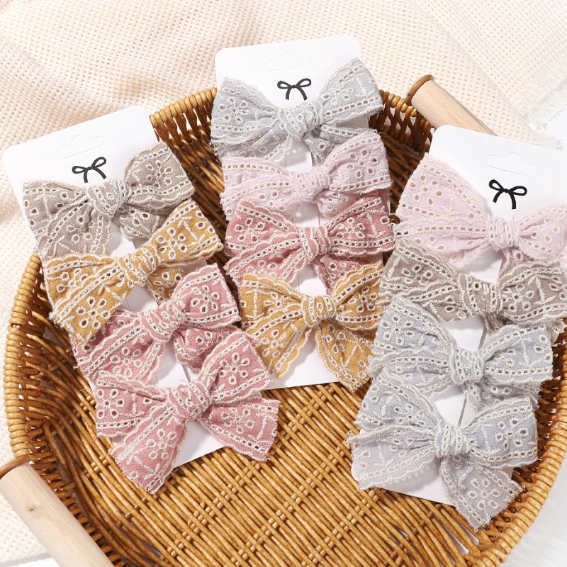 4Pcs/Set Cotton Solid Color Bows Hair Clip For Kids Girls Hollow Lace Bowknot Barrettes Hair Pins Baby Headwear Hair Accessories