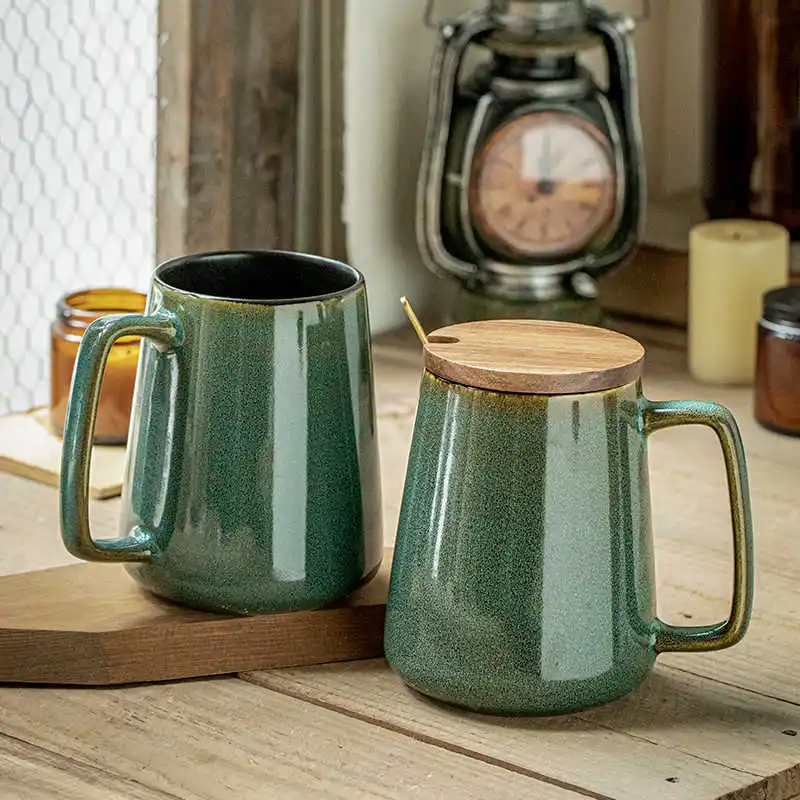 

700ml Large Capacity Water Mugs Green Grey Ceramic Coffee Vintage Cup Mug Household Personalized Cup With Wooden Lid And Spoon