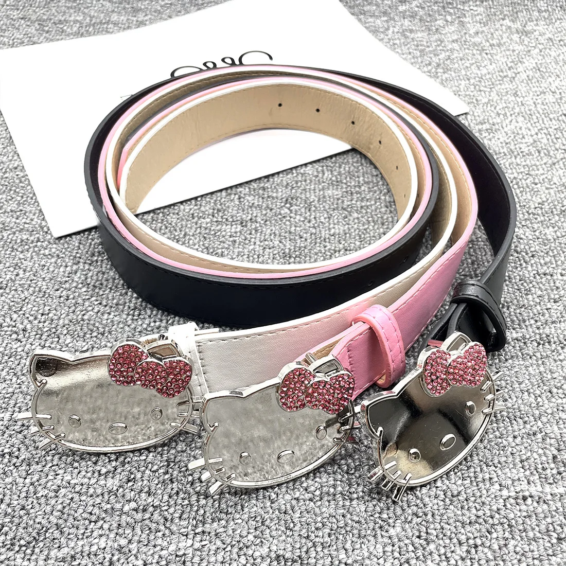 Hello Kitty Sanrio Pink Head KT Rhinestone Girl Heart Y2K Belt Cartoon PU Leather Belt Cool Girl Clothing Accessories Gift