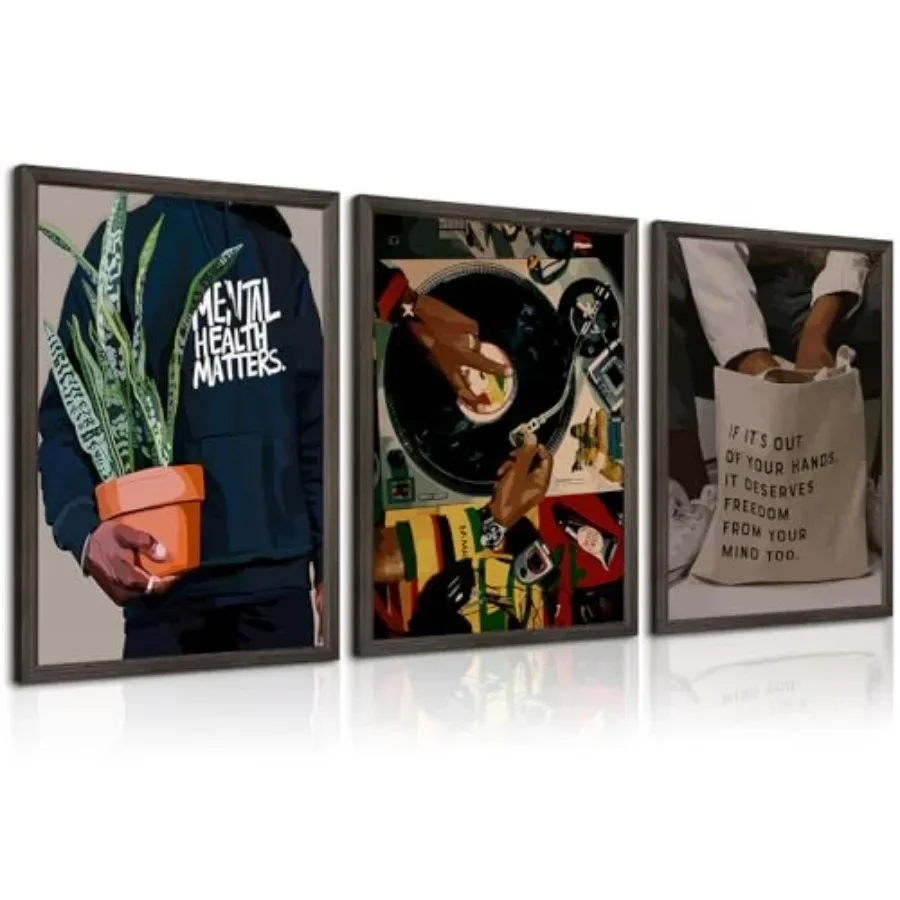 

Bedroom living room wall art: cotton canvas, black, vibrant African American man portraits with music and fashion themes, frame