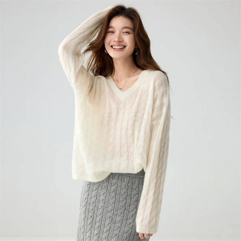 Women's Pullover Knit Clothing Mulberry Silk Cashmere V-Neck Twist Flower Sweater Autumn Winter Sweet Style Soft Loose Pullover