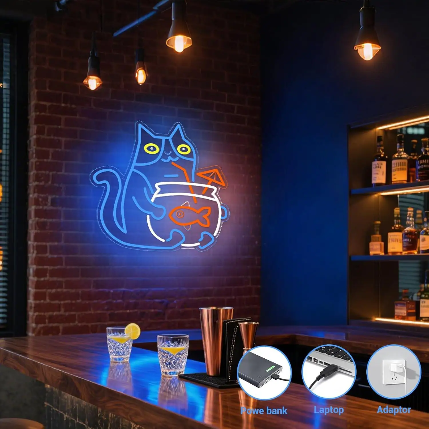 Cat Fishbowl Neon Sign USB Dimmable LED Light for Bedroom Living Room Cat Themed Wall Art Decor for Cat Lovers Night Light Gifts