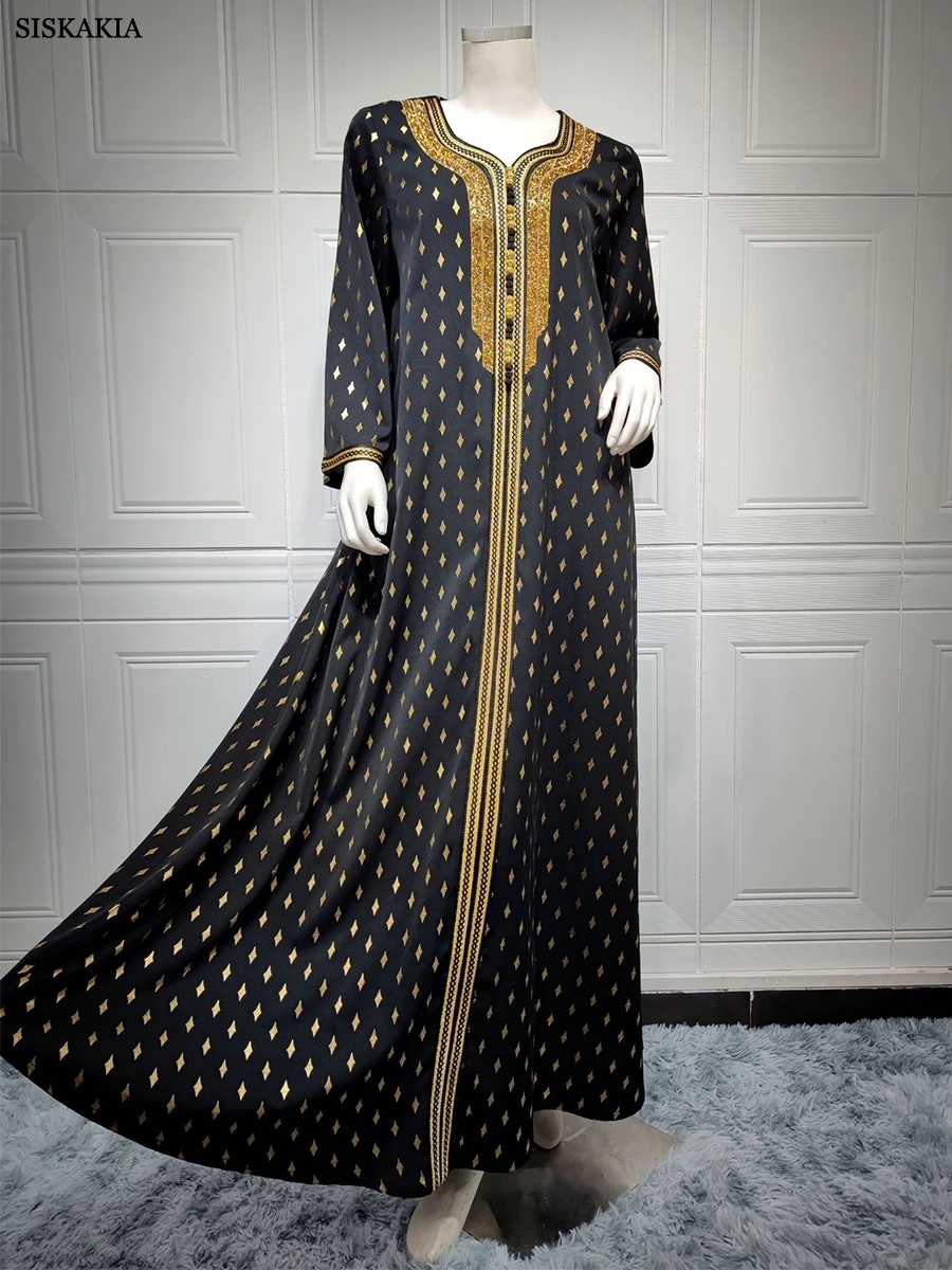 Siskakia Muslim Arab Female Loose Casual Retro Ethnic Printing Diamonds V-Neck Full Sleeve Clothing Abaya Women Dubai Long Dress