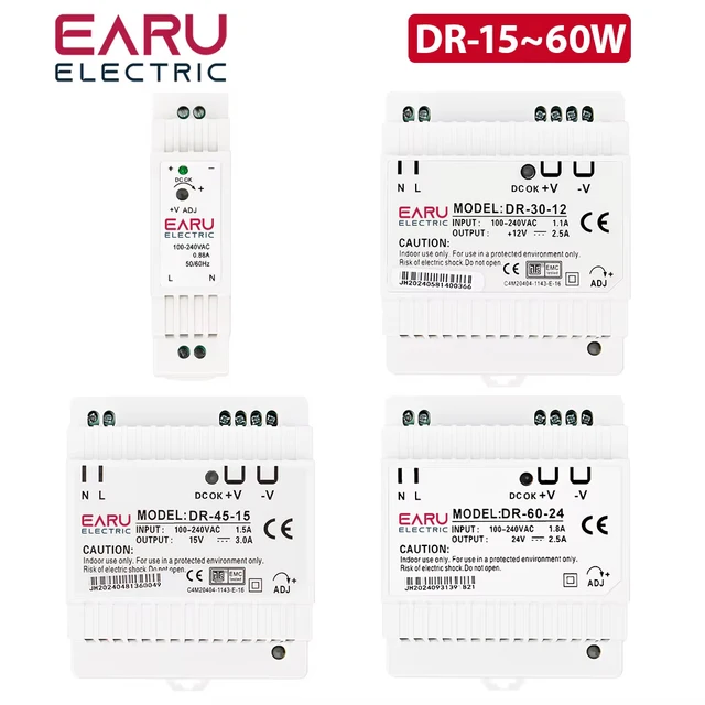 Zasilacz przemysłowy na szynę DIN, pojedyncze wyjście, 5V 12V 24V, 15W 30W 45W 60W, model DR-15 DR-30 DR-45 DR-60 -5/12/15/24