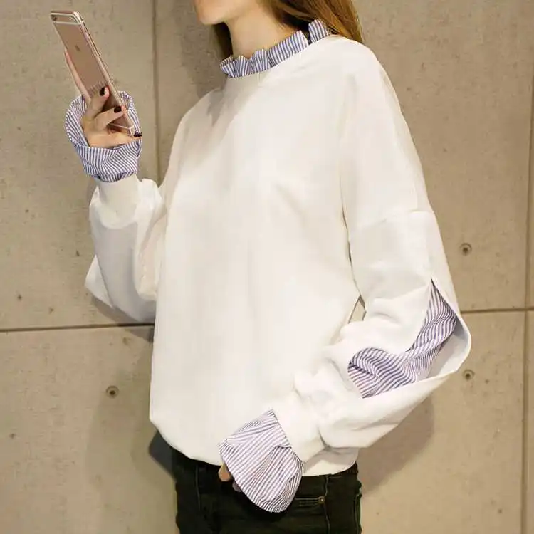 Sweatshirts Women'S Kawaii Light Beautiful Moletom Corduroy Temperament Splice Relaxed Liner Styles Korean-Style O-Collar Adult