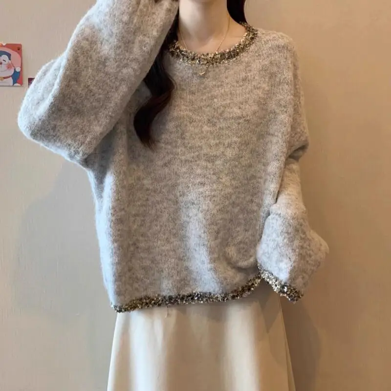 

French heavy industry shiny knitted sweater gray sweater women 2025 autumn and winter bottoming shirt light luxury tops
