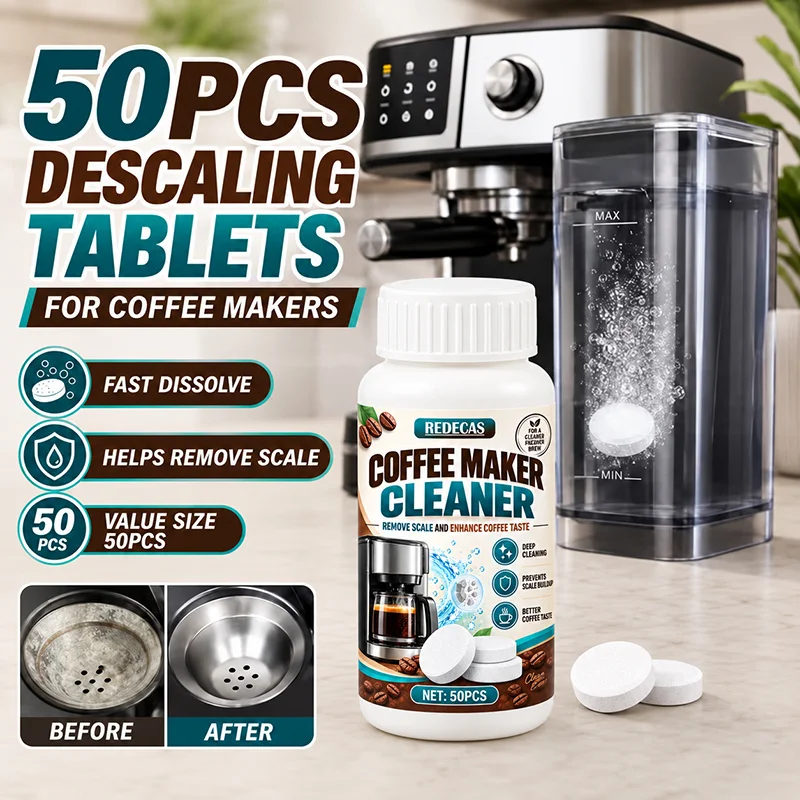 50pcs Coffee Maker Cleaner Tablets — Descaler; Deodorizes, Dissolves Coffee Oils & Scale; Restores Flavor; Extends Machine Life.