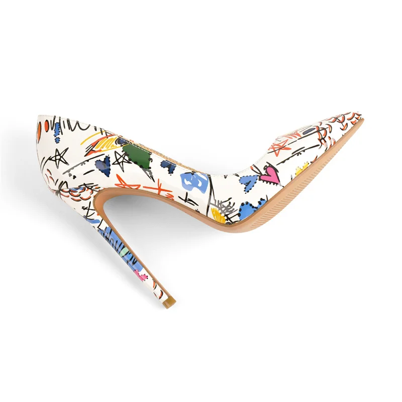 Onlymaker Women Pumps Graffiti Printing Pointed Toe 12cm High Heel Classical Sexy for Party Big Size Heels