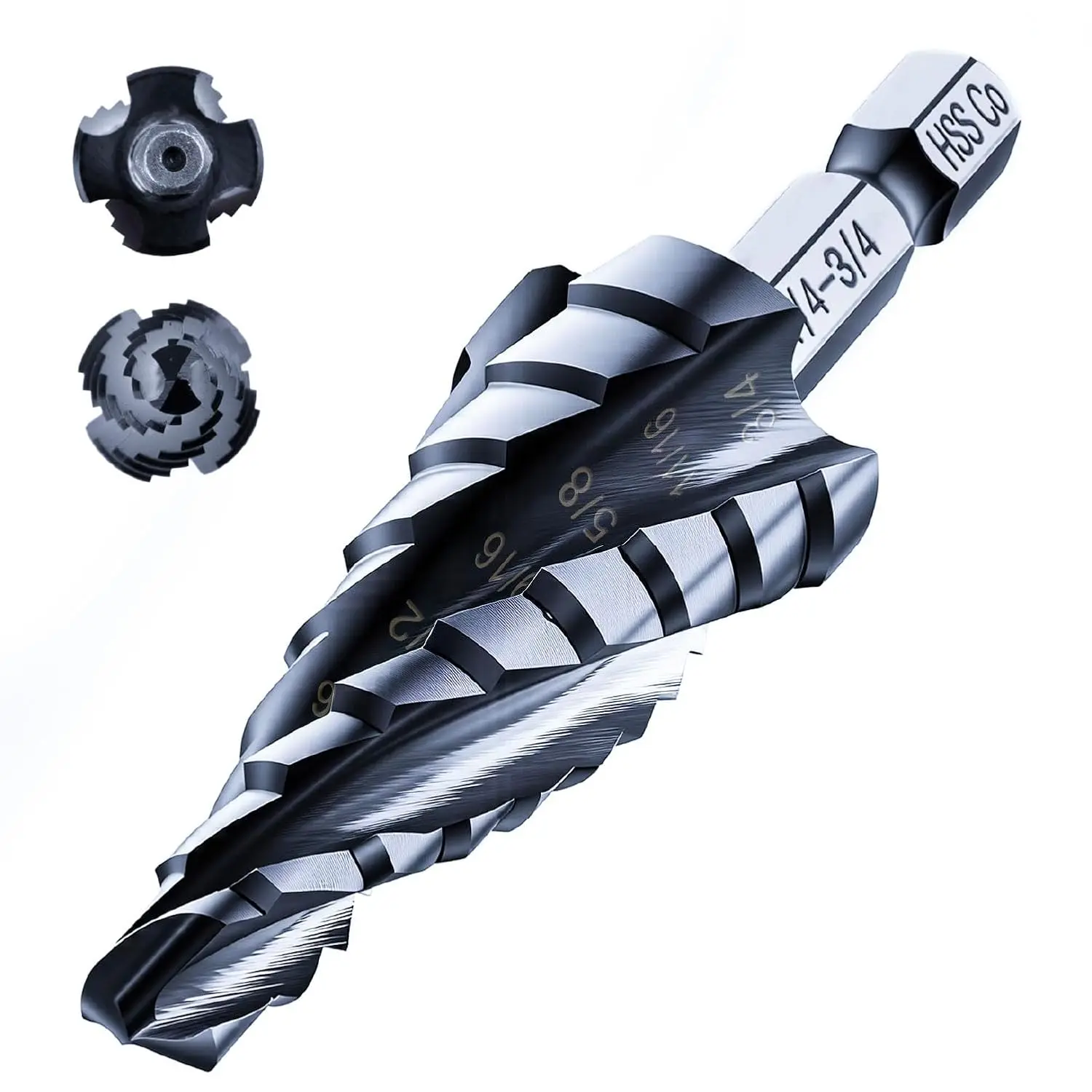 

4 Flute Cobalt Step Drill Bit, 1/4"-3/4" Impact Ready Unibit, 1/4" Hex Shank for Metal, Stainless Steel, Aluminum, Plastic