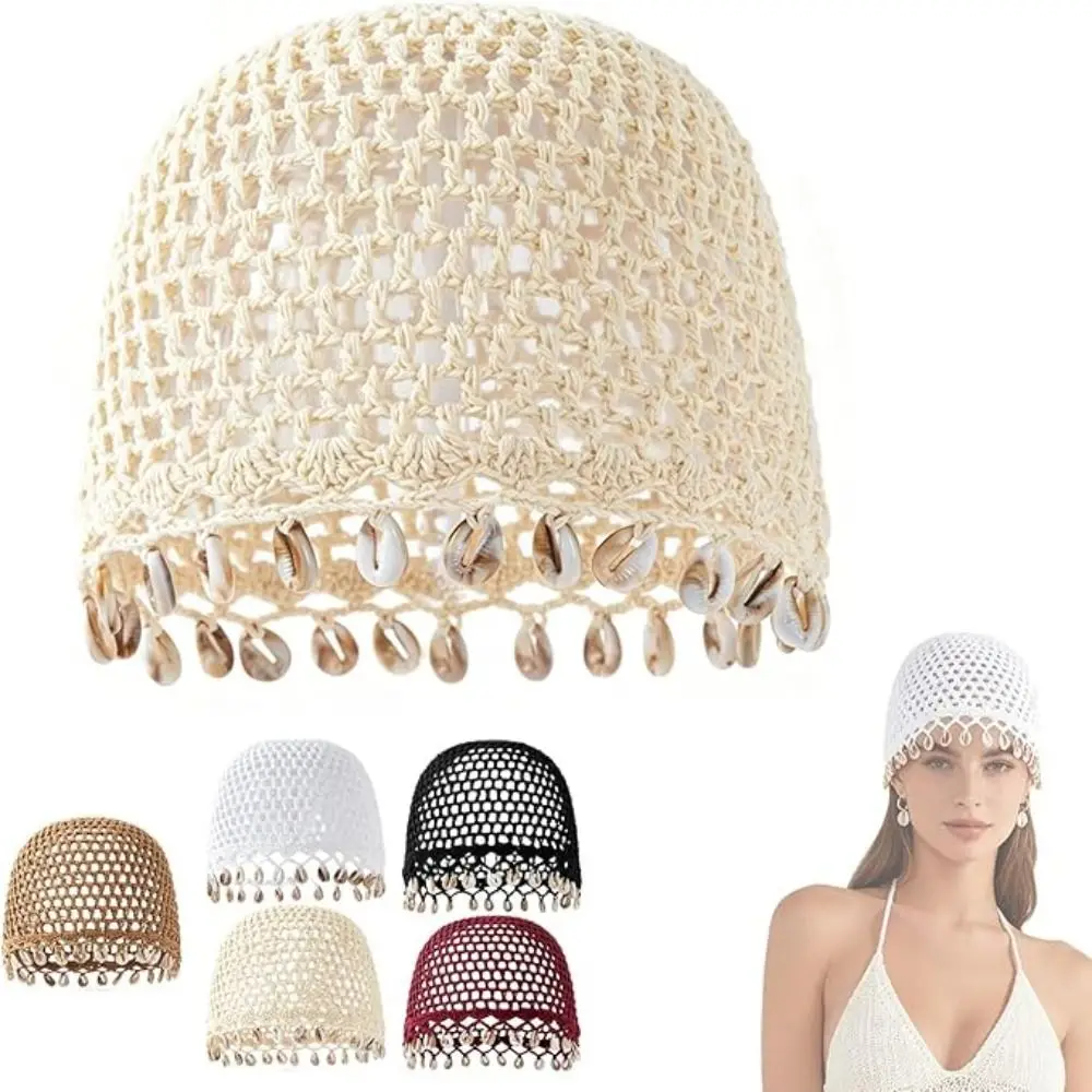 Cotton Crochet Shell Beanie Hat Breathable Shell Fringe Hollow Out Knit Cap Hollow Out Bohemian Style Beach Skull Cap