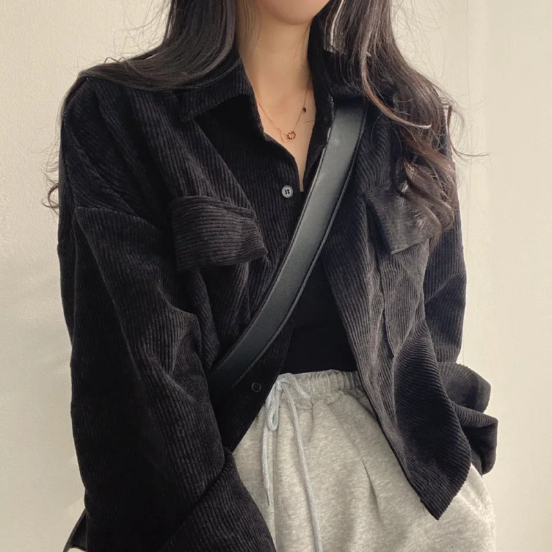Coat Women 2025 Autumn Spring Corduroy Vintage Button Turn Down Collar Long Sleeve Jacket Women's Clothing XFSP3005