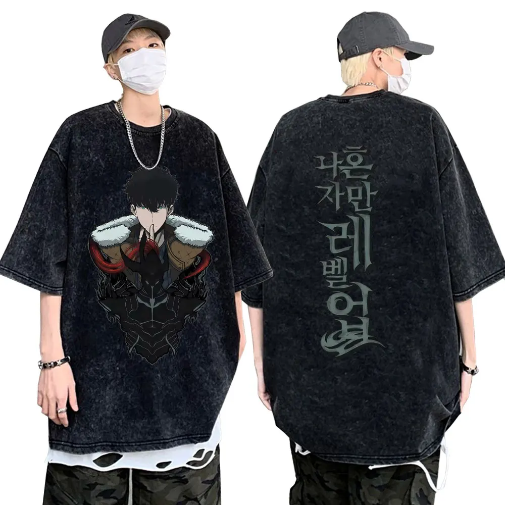 

Washed Vintage Anime Solo Leveling Sung Jin Woo Shadow Monarch V2 T-shirt Men Women High Quality Cotton Casual Oversized T Shirt