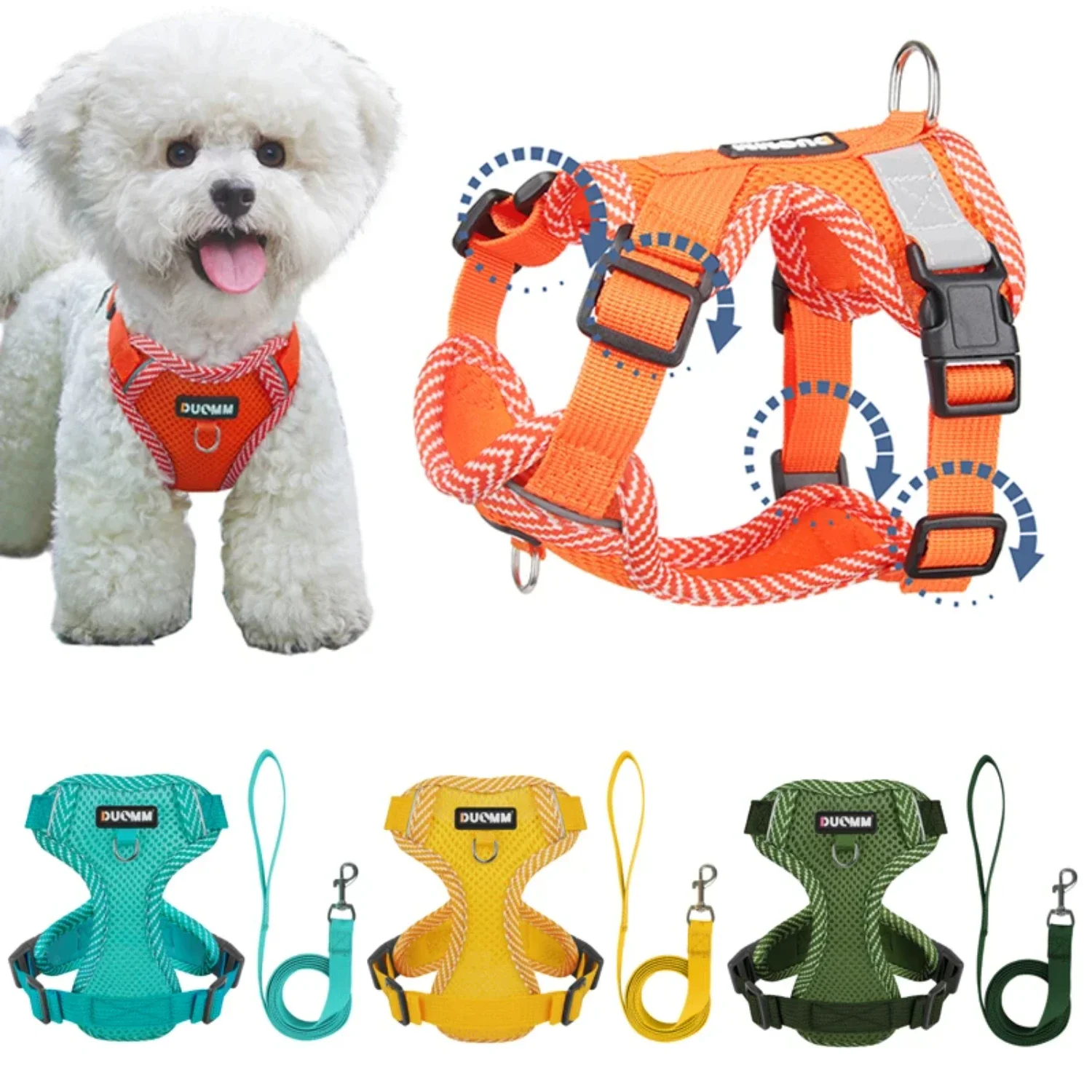 Ideal, comfortable and highly adjustable reflective mesh chest strap vest for small dogs - complete 4-point harness and leash se