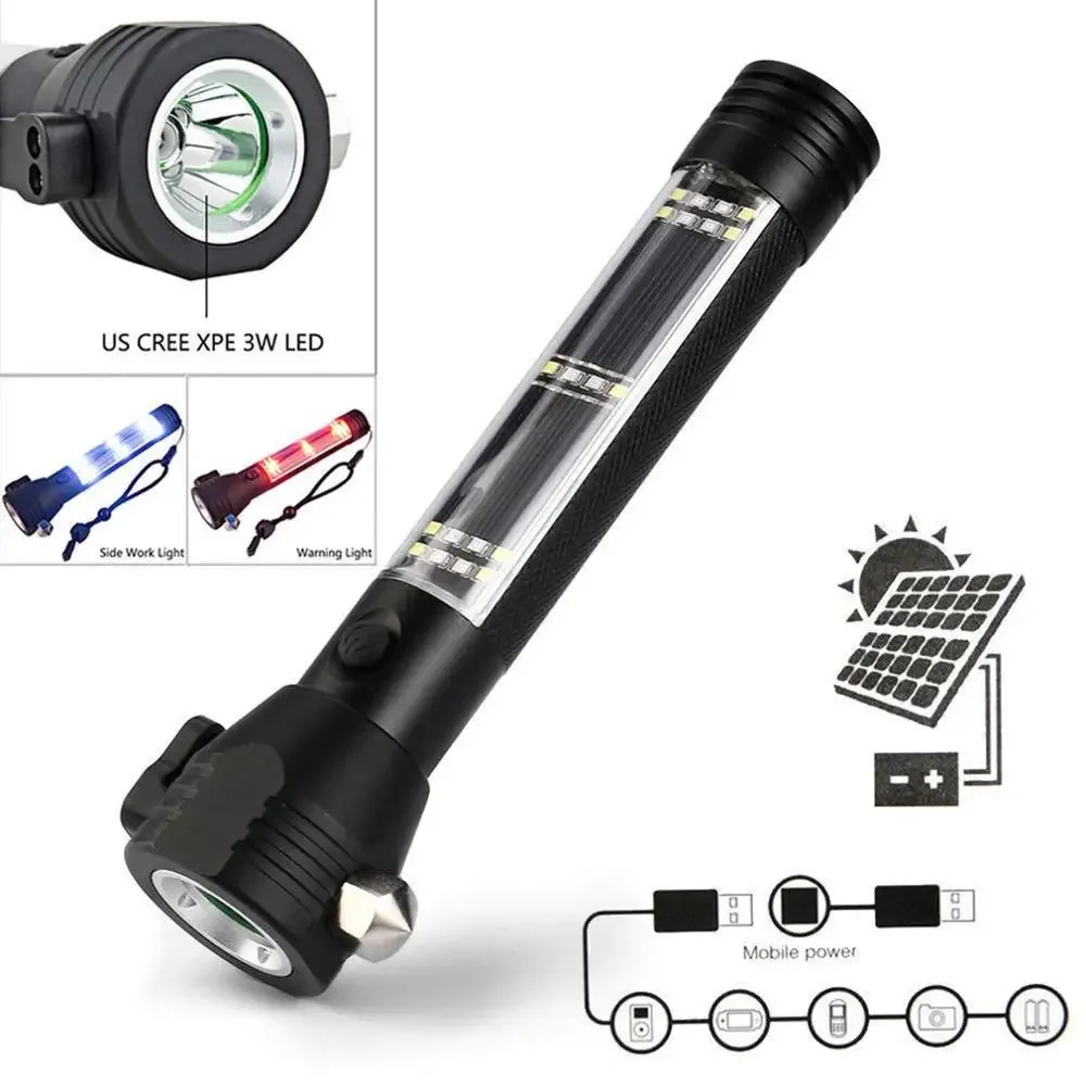 USB Recharged Solar Powered Multi-Purpose 10in1 Tactical Flashlight Emergency SOS Alarm Glass Breaker Camping Car Survival Torch