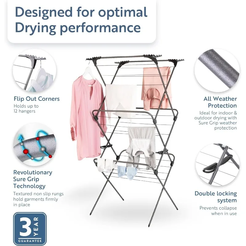 Premium SureGrip 3 Tier Indoor and Outdoor Clothes Drying Rack, Lightly Textured Non Slip Rungs, 69 Ft. of Hanging Space