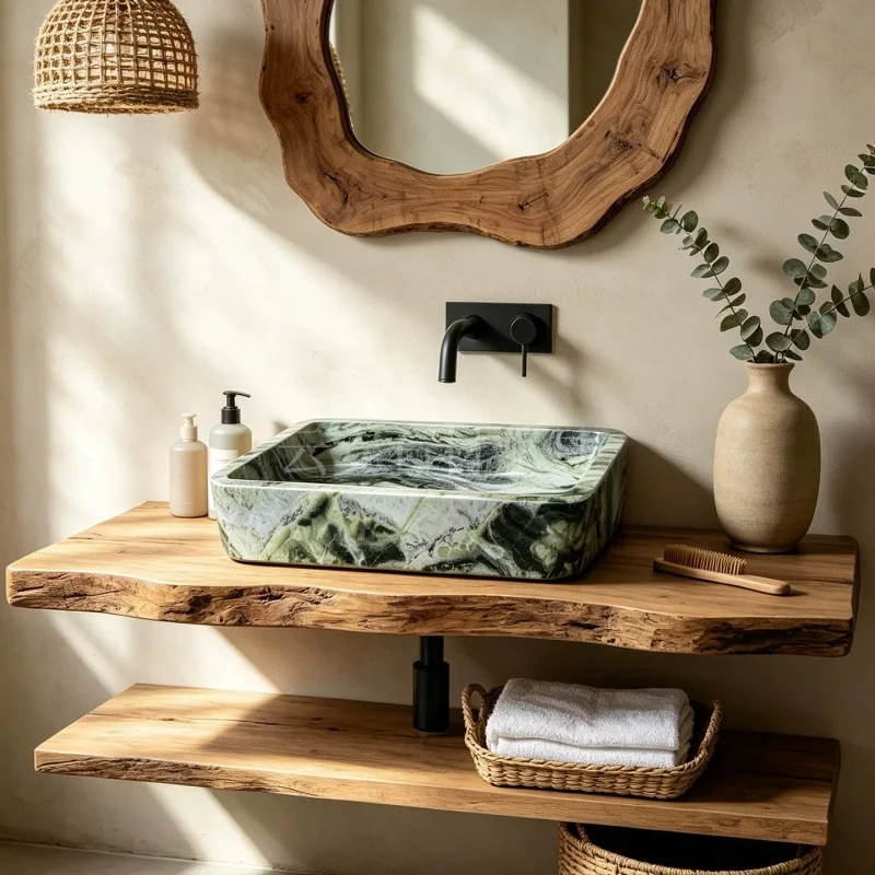 

Nordic minimalist natural marble square washbasin on the countertop of the bathroom. Simple and elegant.