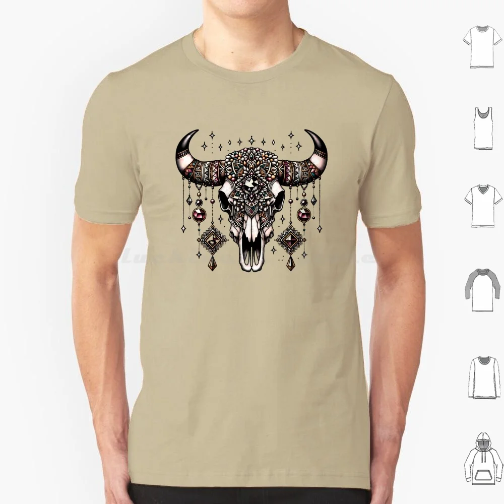 Boho-Decorated Oxen Skull : Earthy & Artistic Elegance T Shirt 6xl Cotton Cool Tee Boho Design Oxen Skull Artistic Tribal Art