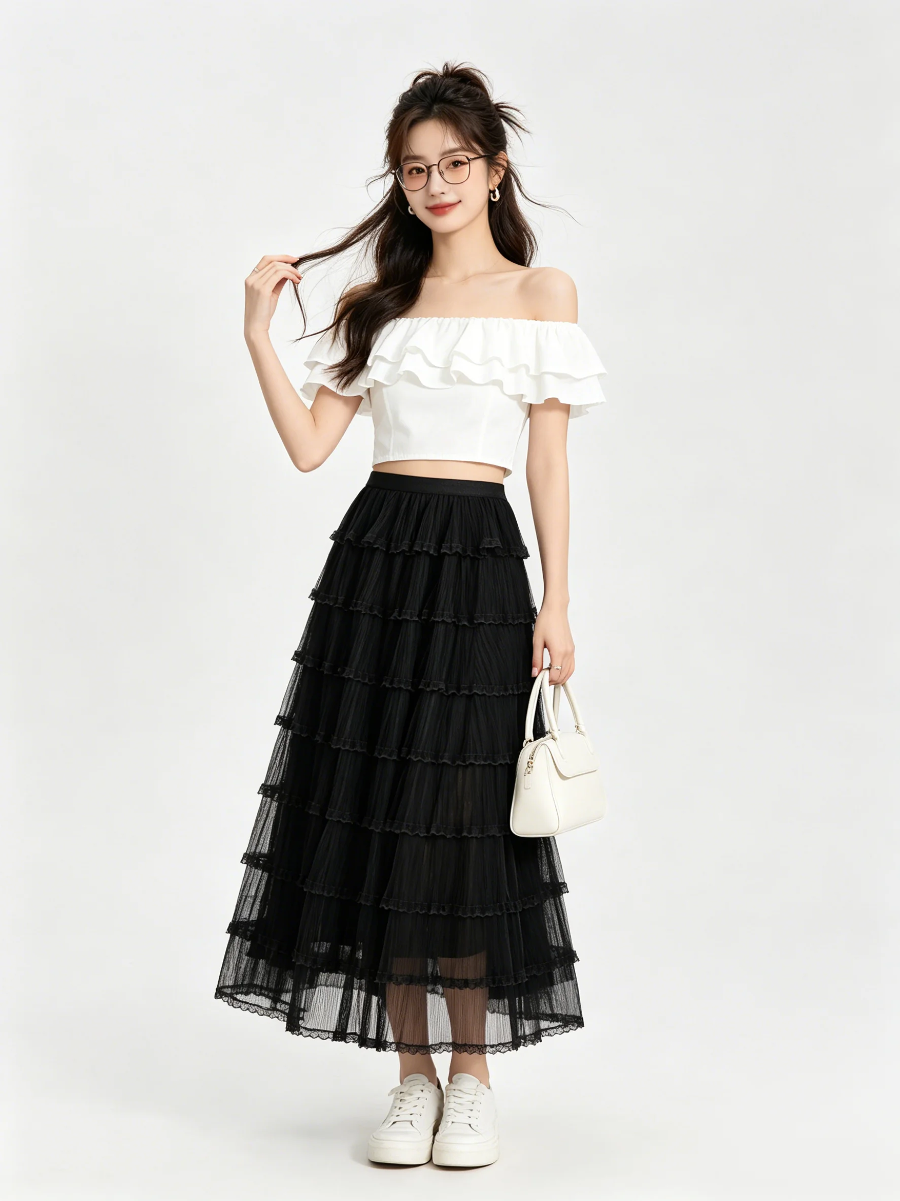 Casual Skin-friendly Breathable Lace Hem Semi-skirt Summer New High Waist Draped Versatile Slimming Cake Mid-length Skirt