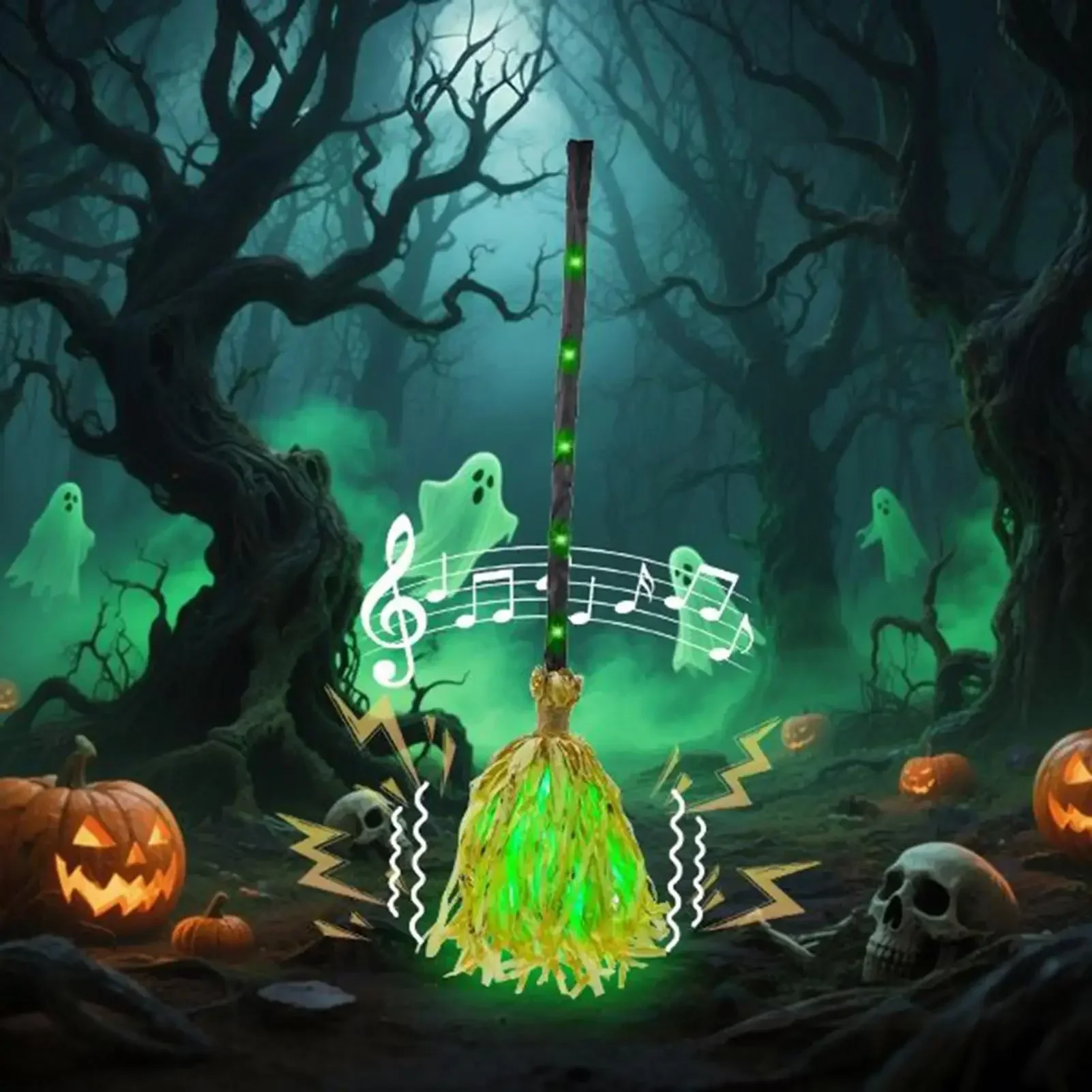1/2/4 Stück animierter leuchtender Hexenbesen, der mit unheimlichen Geräuschen tanzt, Halloween-Zauber-Requisite für Spukhaus-Partyraum – Detail 4