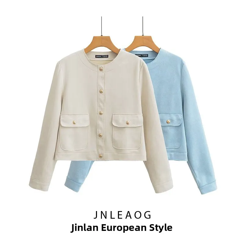 JNLEAOG Frühling Neue frauen Faion Samt Textur ort Mantel Gerade Rohr Reine Farbe Lange Sve runde Ne Button up Jaet