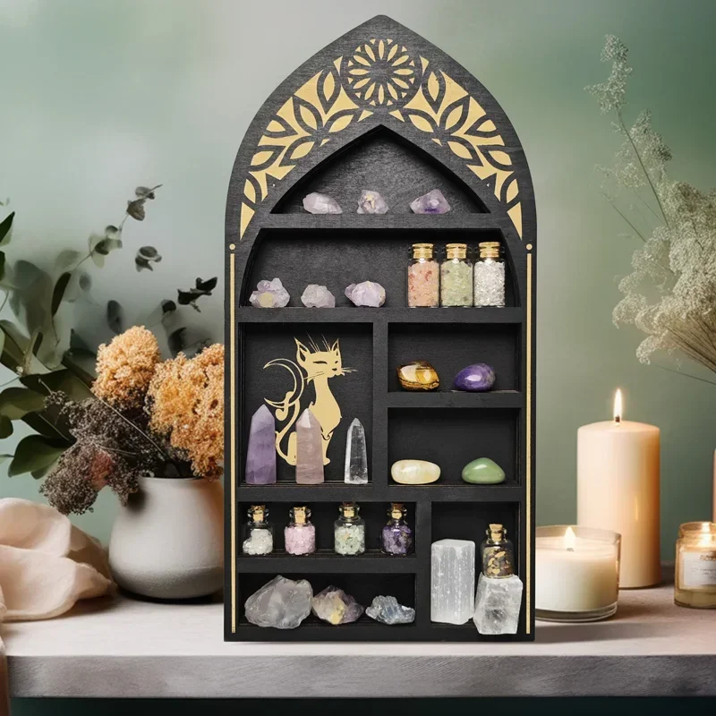 

Black Tower Crystal Display Shelf, Wall Mounted Floating Shelves, Gothic Home Decor, Boho Living Room Accessories Card stand