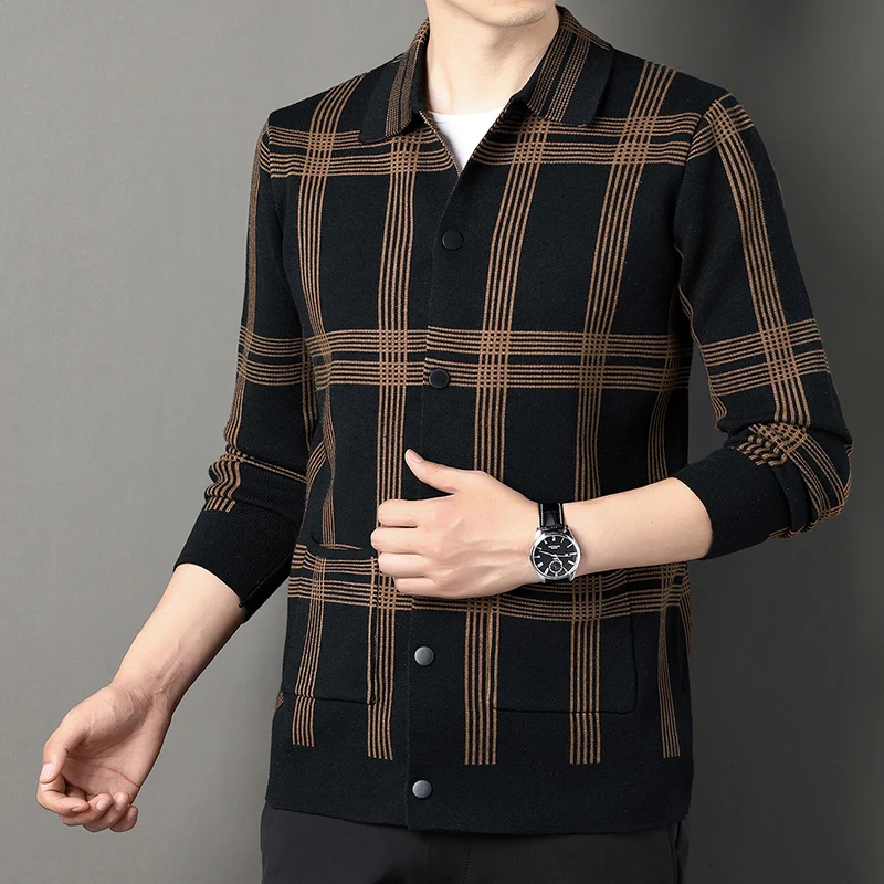 Cárdigan de punto a rayas cuadradas para hombre, suéter de cuello Polo, suéteres de invierno versátiles, moda informal, nuevo