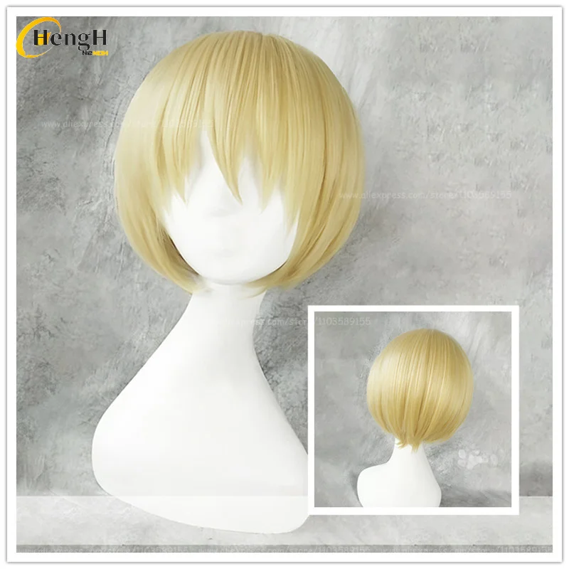

Anime Armin Arlert Synthetic Hair Unisex 30cm Light Gold Cosplay Anime Wig Heat Resistant Hair Halloween Party Wigs + A Wig Cap