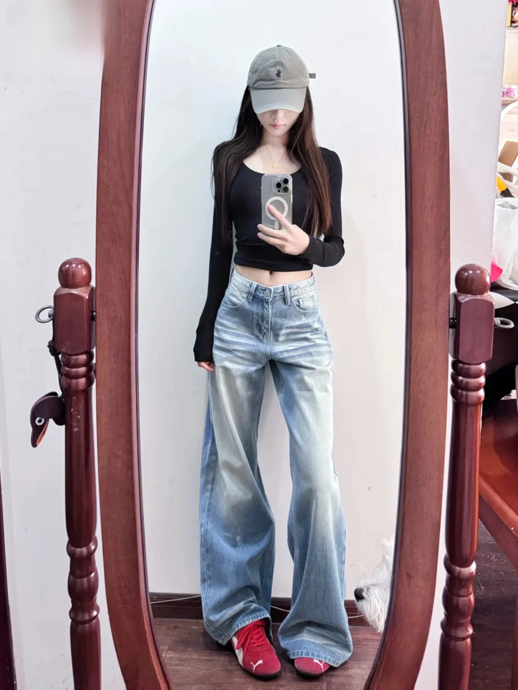 

Синие джинсы прямого кроя с эффектом потертости, женские свободные брюки с широкими штанинами, летние повседневные брюки для похудения, джинсы в американском стиле с естественной талией