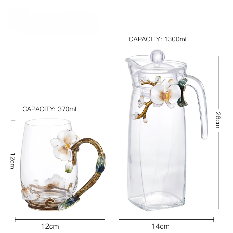 Creative Enamel Flower Glass 1300L Tea Pot Cup Set, Home Office Tea Set, Coffee Tea Set