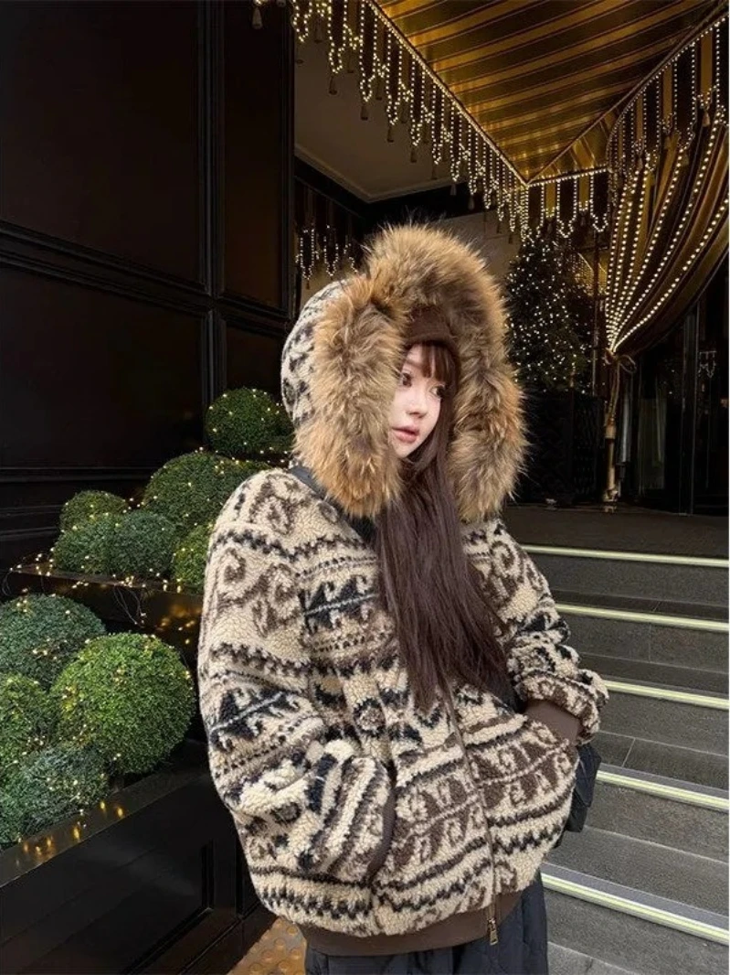 Vintage Fair Isle Print Women Cropped Hooded Fur Trim Fleece Lined Puffer Parka Oversized Warm Winter Chic Streetwear Coat 2026