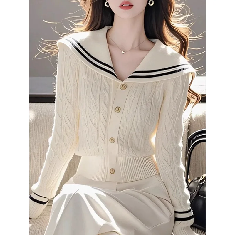 Ropa de mujer, suéteres ajustados elegantes a rayas con cuello de marinero, cárdigan de punto de estilo Preppy elástico suave para primavera y otoño