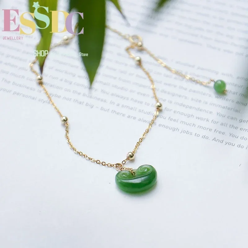 Natural Hetian Jade Bare Chain Barefoot Simple Fashion Stainless Steel Ladies Anklet Bracelet Ruyi Lock
