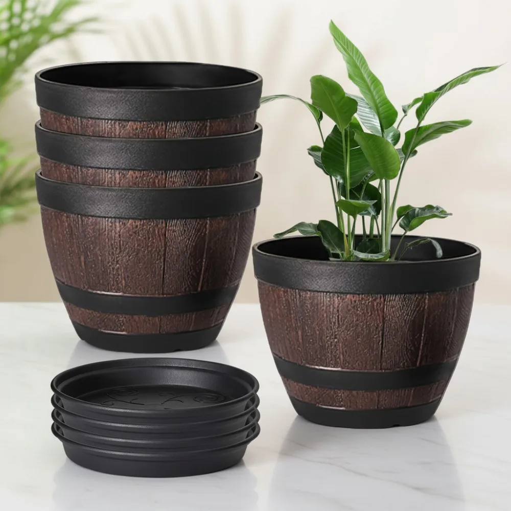 

11.3 Inch Plastic Whiskey Barrel Planters with Drainage Holes & Saucer, 4 Pack Indoor Outdoor Garden Flower Pots for Home Plants