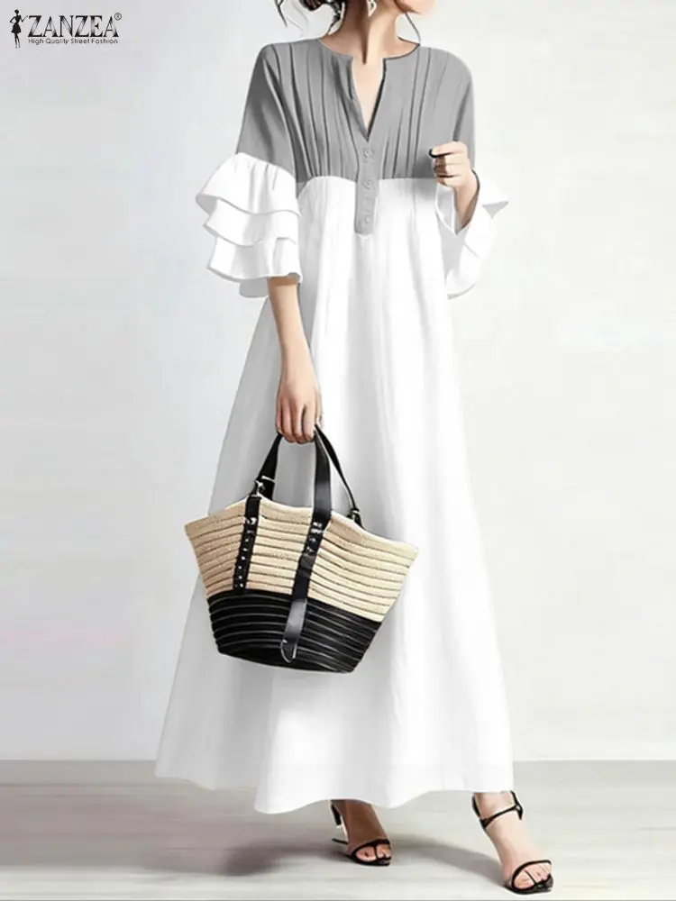 ZANZEA 패션 맥시 드레스 2025 여성 가을 3/4 러플 소매 롱 선드레스 V넥 컬러 패치워크 캐주얼 루즈 베스티도스